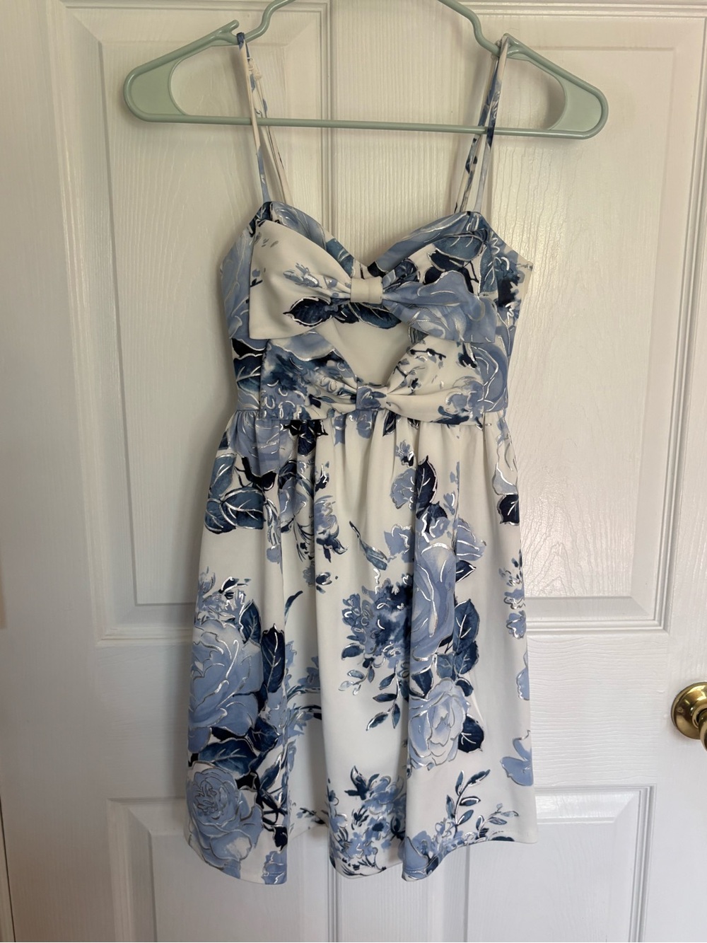 Floral Spaghetti-Strap Mini Dress in Light Blue with bows